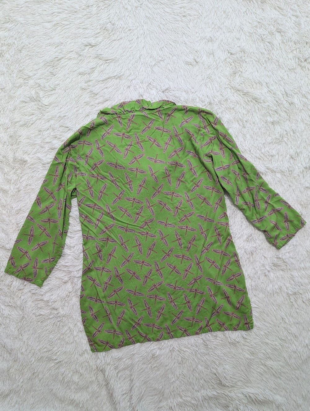 Haley & The Hound Rainbow Dragonfly Print Green Ruffle Neck 3/4 Sleeve Tunic - Picture 5 of 10